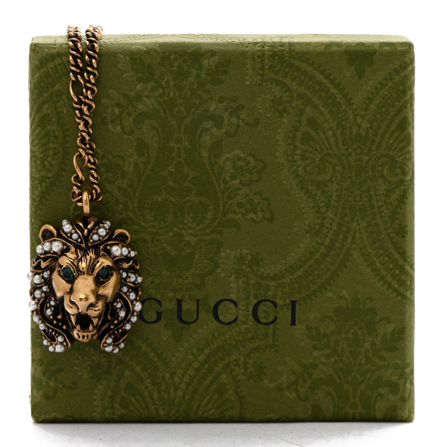 Gucci Metal Pearl Crystal Lion Head Necklace Aged Gold Multicolor 7 of 7