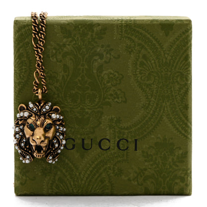 Gucci Metal Pearl Crystal Lion Head Necklace Aged Gold Multicolor 7 of 7