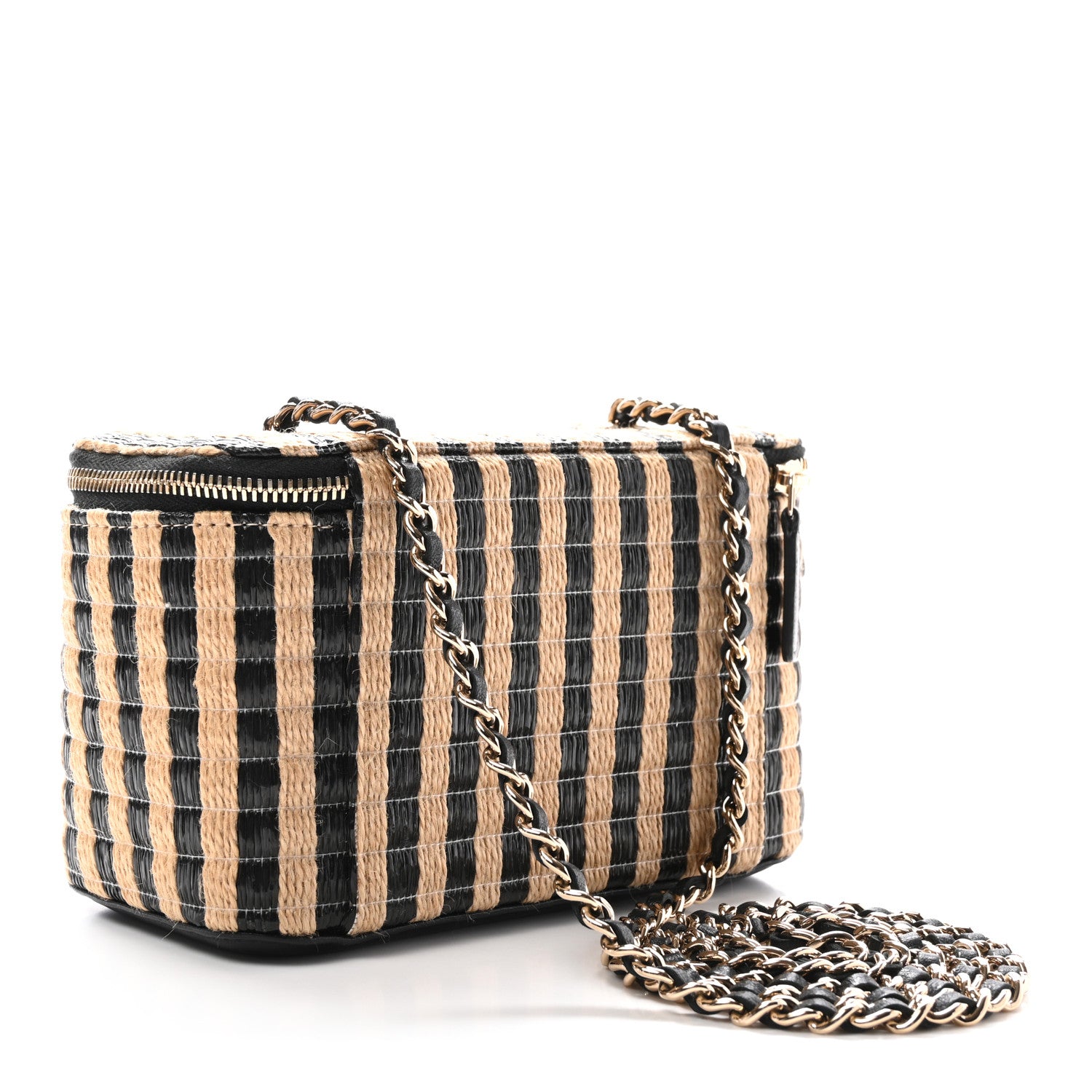 Chanel Raffia Jute Striped Small Vanity Case With Chain Black Beige 3 of 11