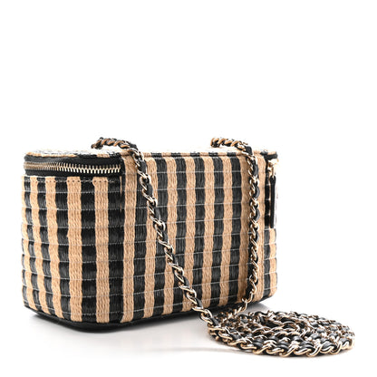 Chanel Raffia Jute Striped Small Vanity Case With Chain Black Beige 3 of 11