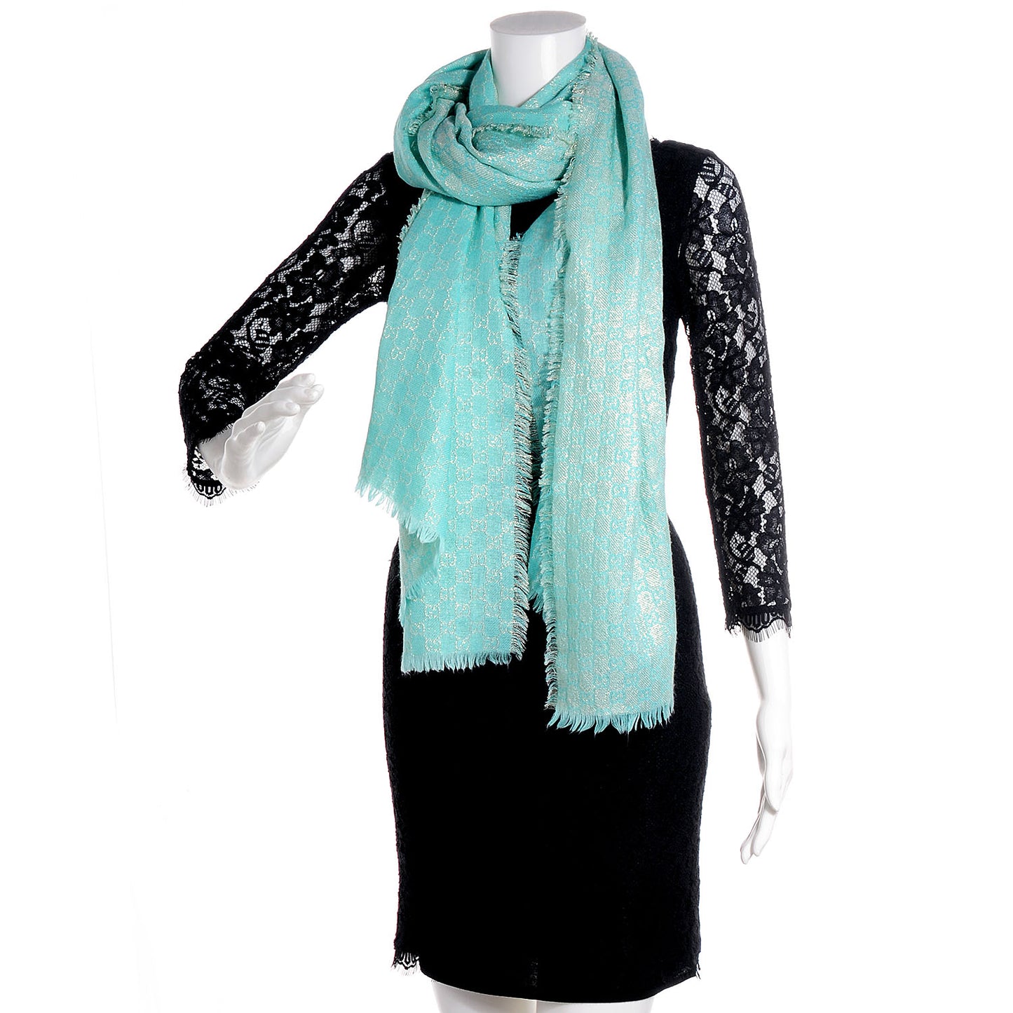 Wool Silk Jacquard Monogram Fringe Scarf Aqua Gold