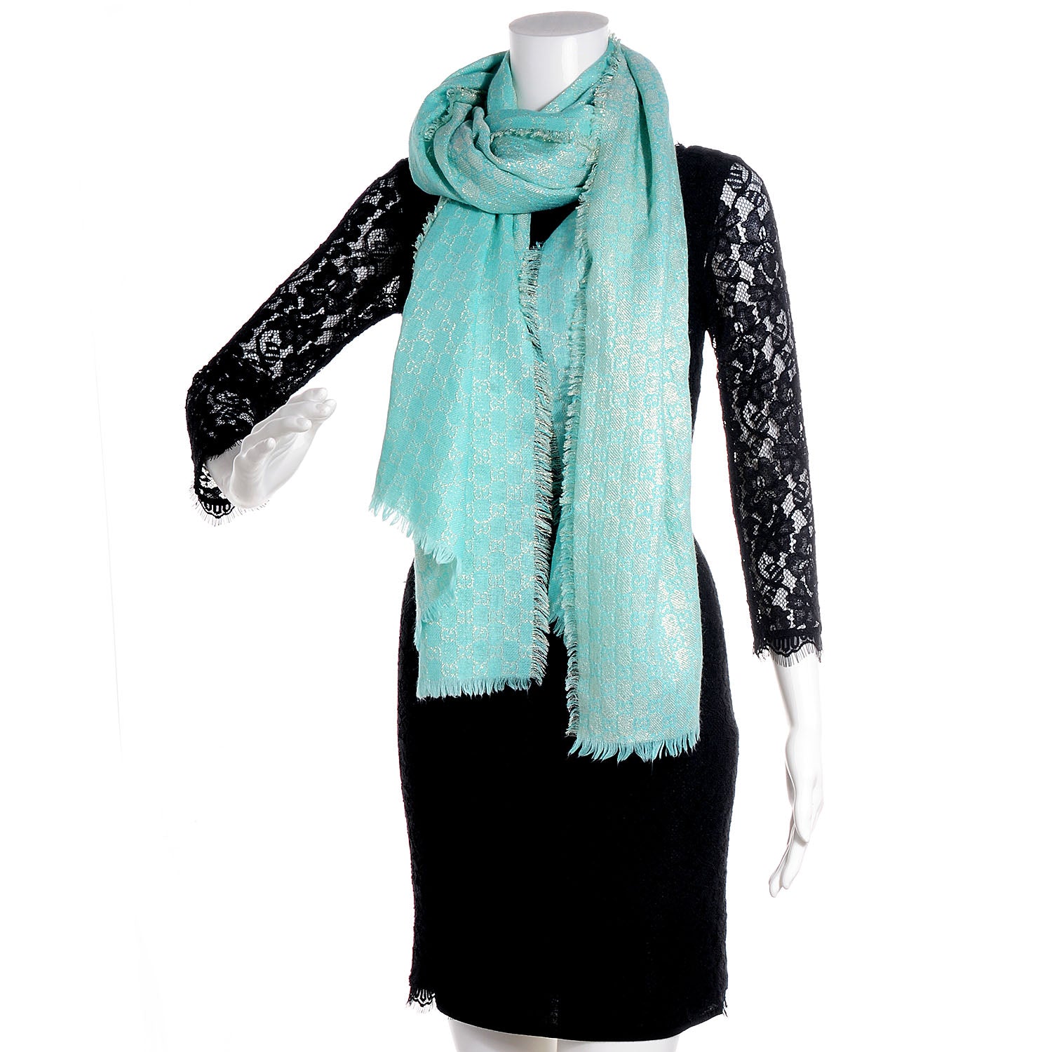 Gucci Wool Silk Jacquard Monogram Fringe Scarf Aqua Gold 2 of 7