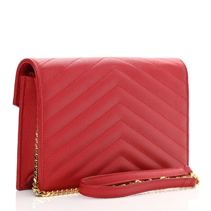 Saint Laurent Grain De Poudre Matelasse Chevron Monogram Envelope Chain Wallet New Red 3 of 12