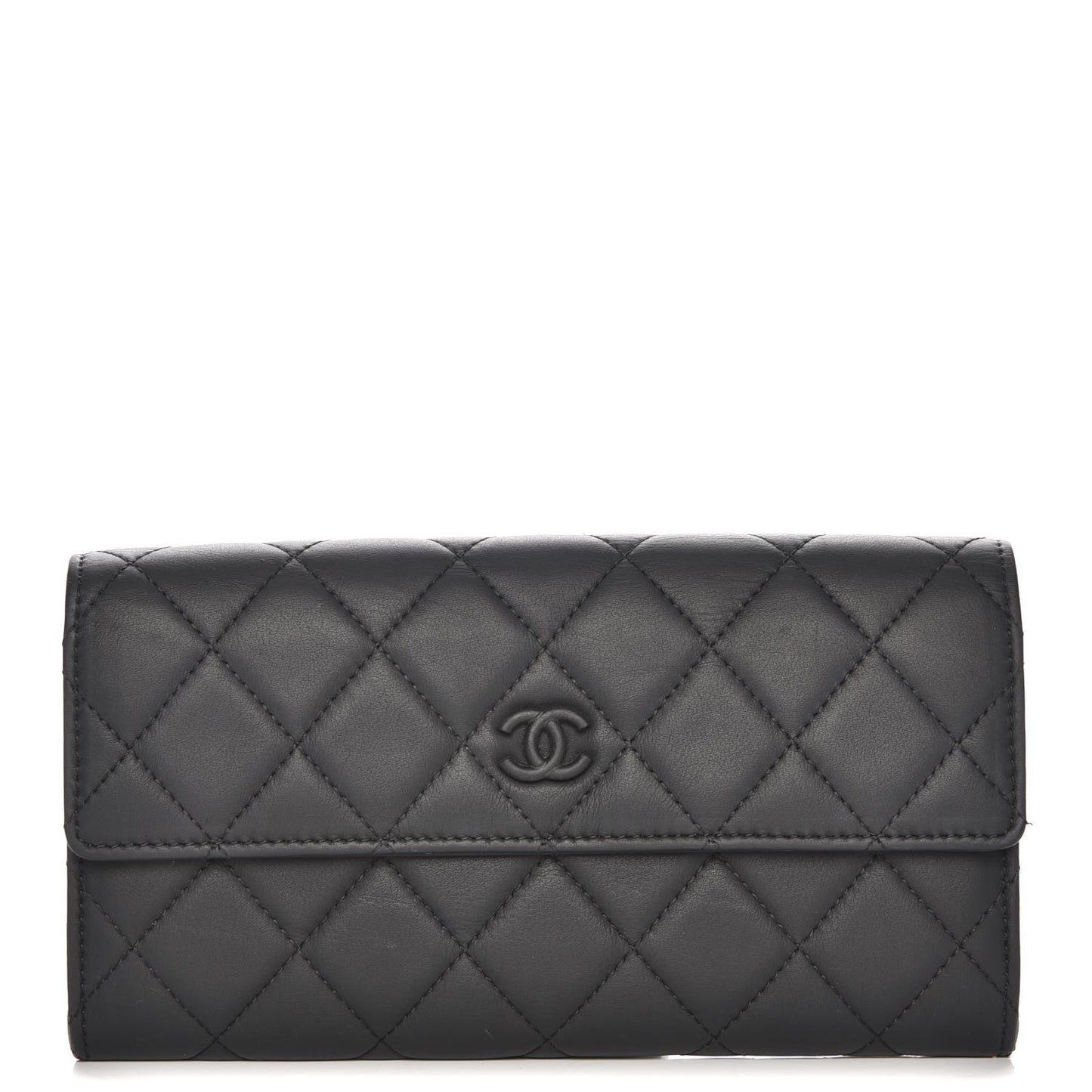 Lambskin Quilted Long Gusset Flap Wallet Black