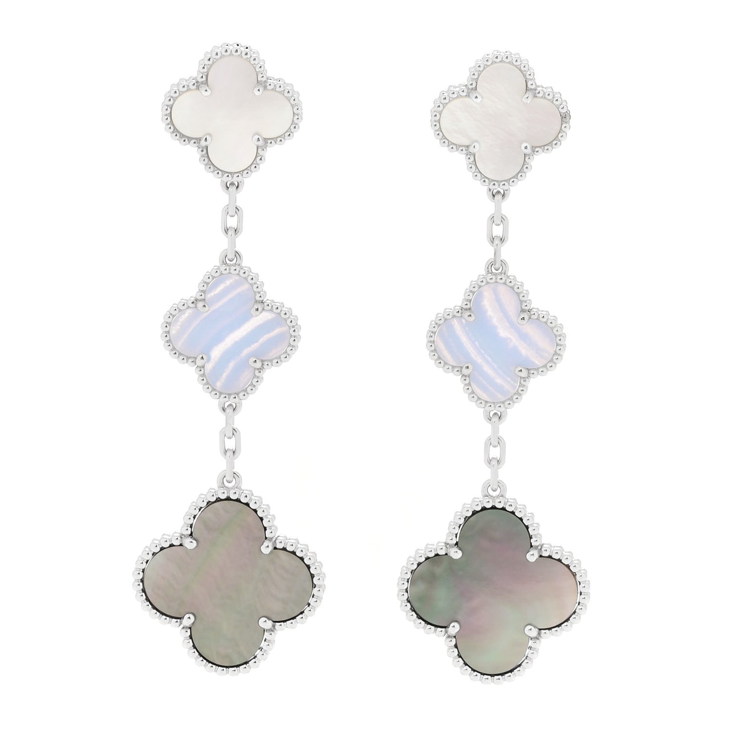 18K White Gold Mother of Pearl Chalcedony 3 Motifs Magic Alhambra Earrings