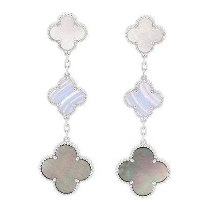 Van Cleef & Arpels 18K White Gold Mother of Pearl Chalcedony 3 Motifs Magic Alhambra Earrings 1 of 5