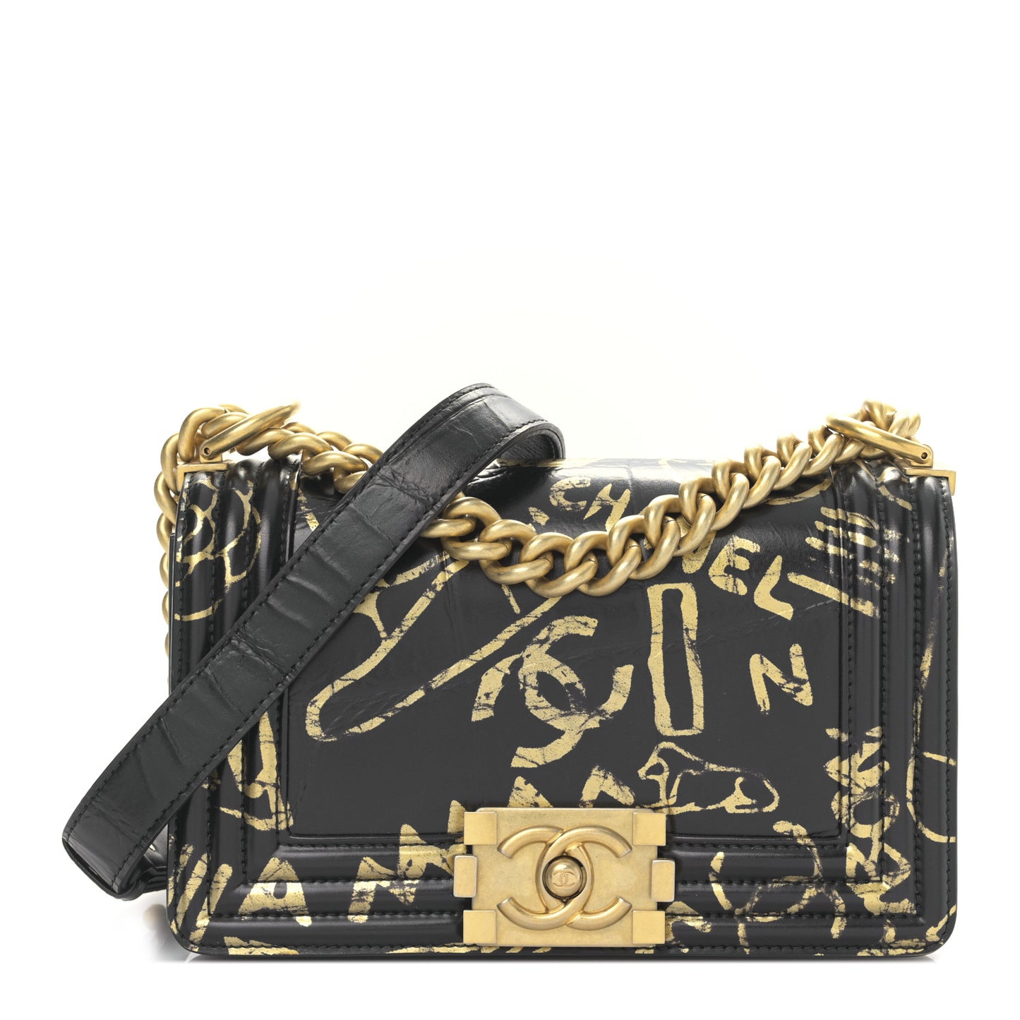 Calfskin Crocodile Embossed Graffiti Cocodile Small Boy Flap Black Gold