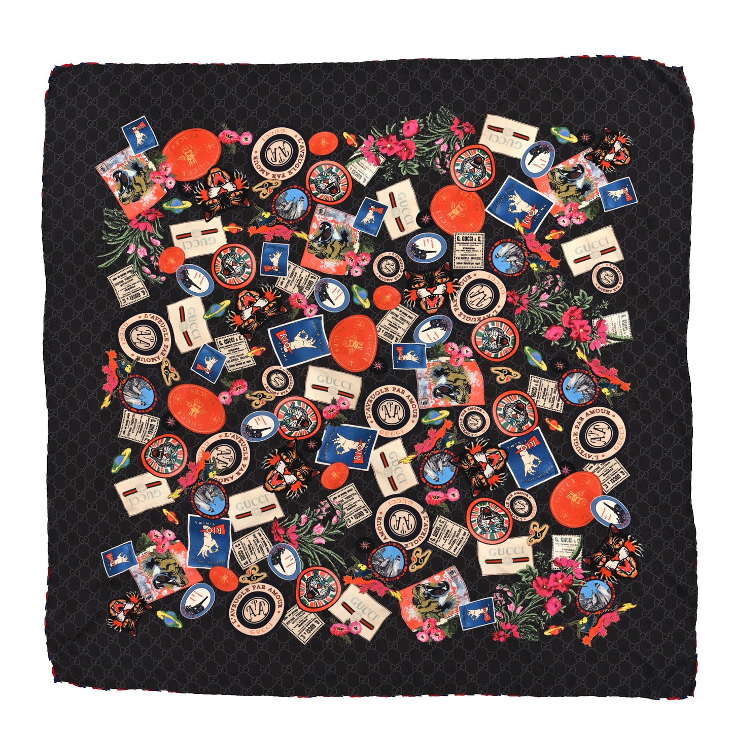 Silk Twill Monogram Courrier Square Scarf Black Light Grey
