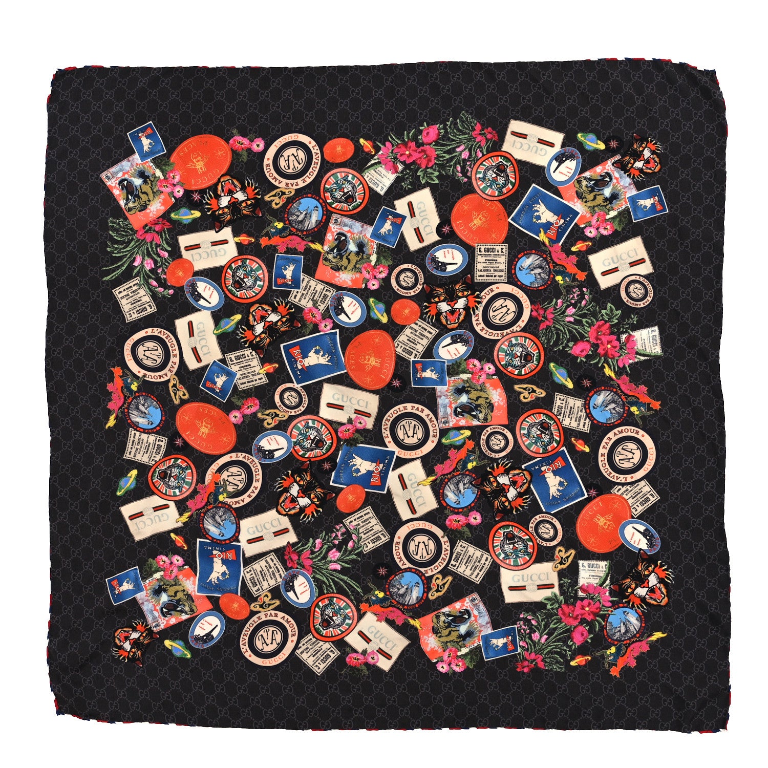 Gucci Silk Twill Monogram Courrier Square Scarf Black Light Grey 1 of 3
