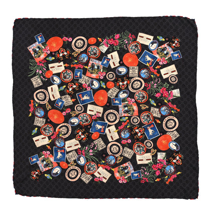 Gucci Silk Twill Monogram Courrier Square Scarf Black Light Grey 1 of 3