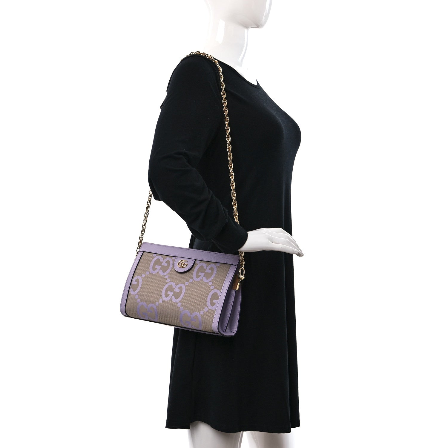 Gucci Monogram Jumbo GG Textured Dollar Calfskin Small Ophidia Chain Shoulder Bag Beige Lapis 3 of 8
