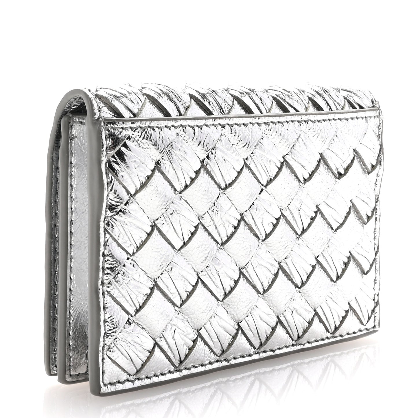 Metallic Calfskin Intreccio Plisse Card Case Silver