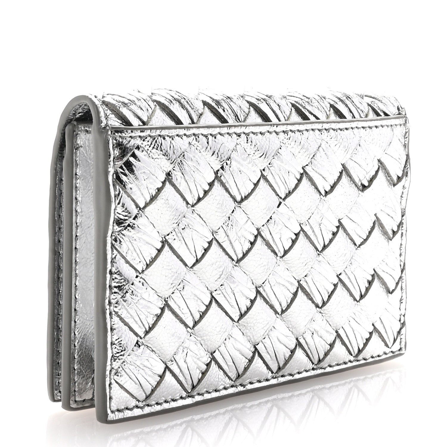 Bottega Veneta Metallic Calfskin Intreccio Plisse Card Case Silver 3 of 6