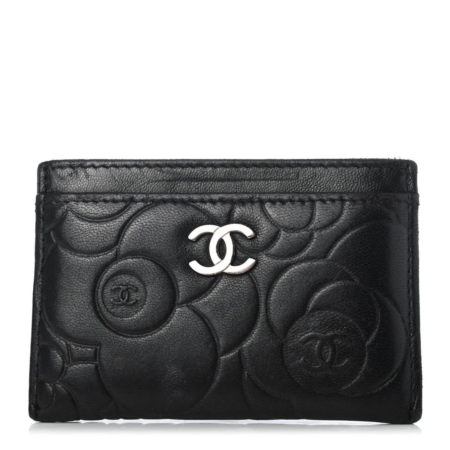 Lambskin Camellia Embossed Card Holder Black