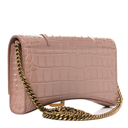 Balenciaga Shiny Calfskin Crocodile Embossed Hourglass Chain Bag Nude Beige 3 of 14
