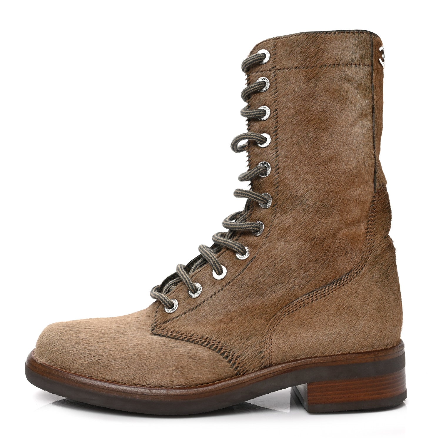 Chanel Calfskin Pony Hair Lace Up Combat Boots 37.5 Brown 1 of 7
