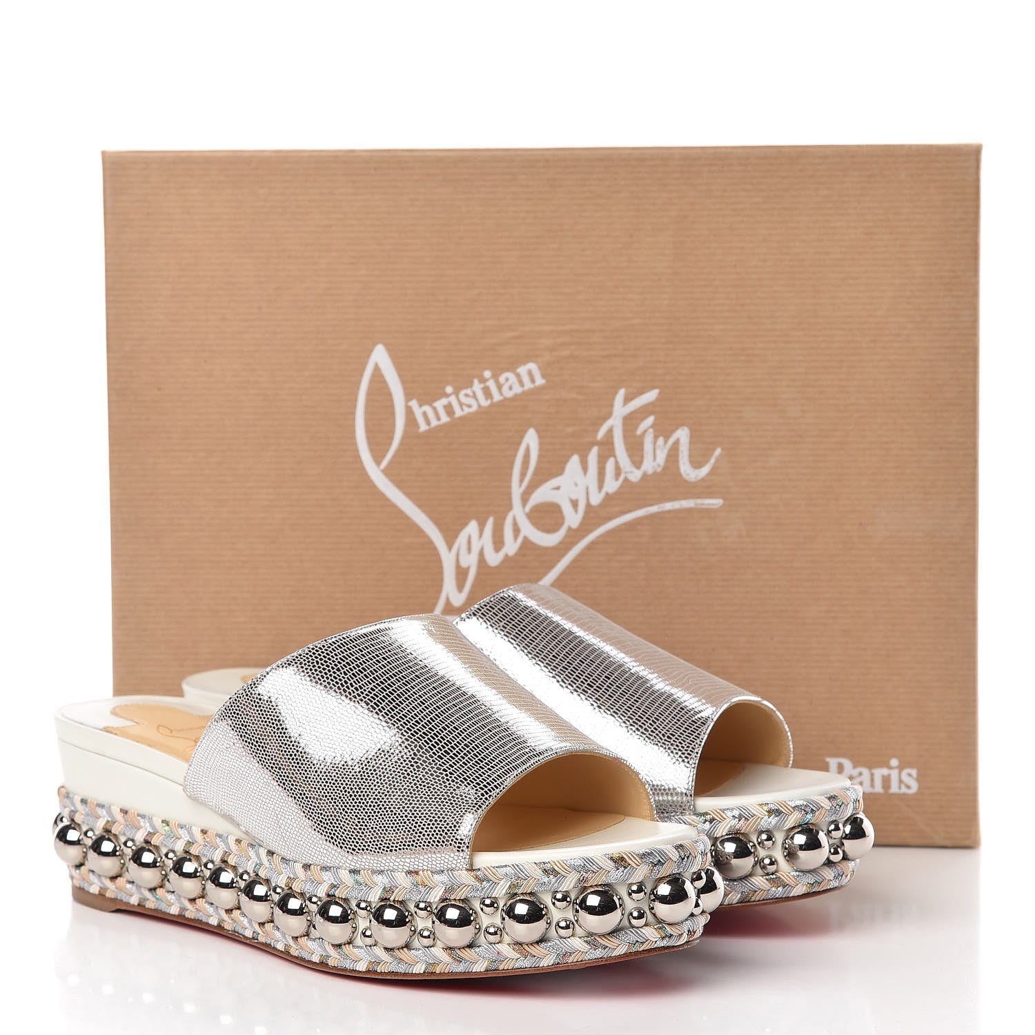 Christian Louboutin Laminato Lizard Embossed Janibasse 60 Mules 38 Latte Silver 10 of 10