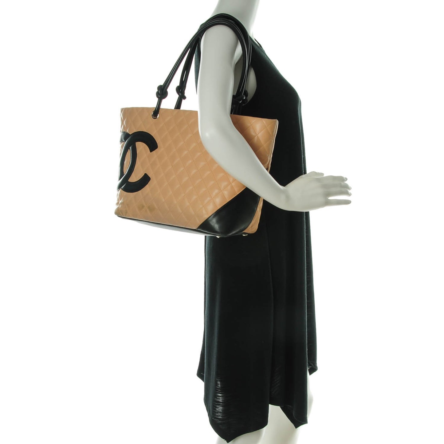 Calfskin Quilted Large Cambon Tote Beige Black