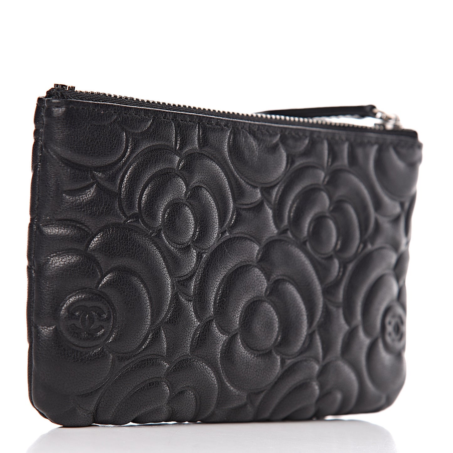 Goatskin Camellia Embossed Cosmetic Pouch Black