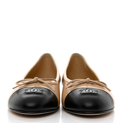 Chanel Lambskin Cap Toe CC Ballerina Flats 40 Beige Black 2 of 9