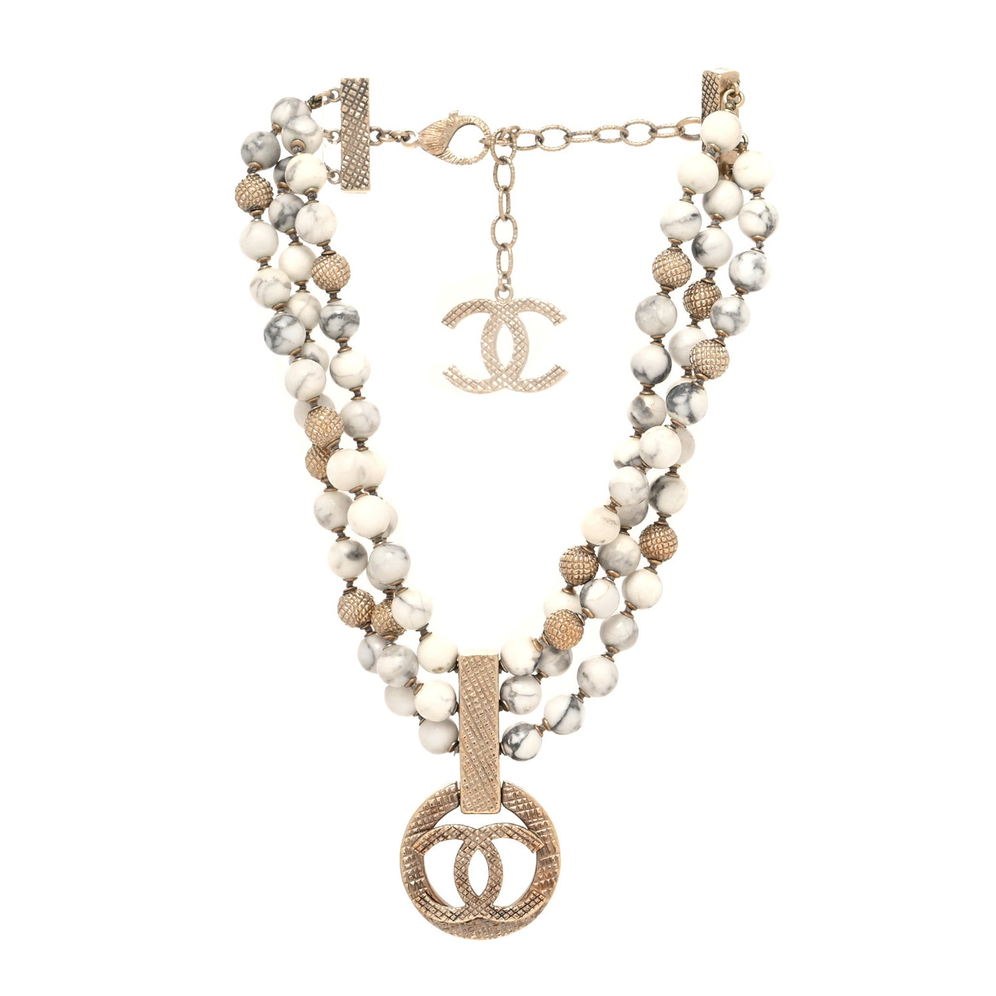 Metal Marble CC Pendant Choker Necklace Gold White