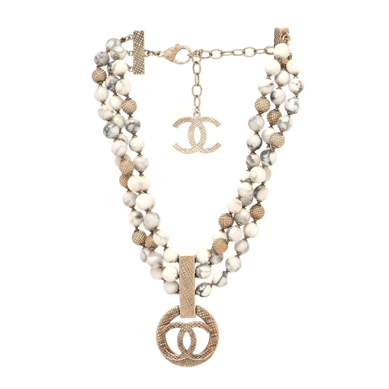 Chanel Metal Marble CC Pendant Choker Necklace Gold White 3 of 6