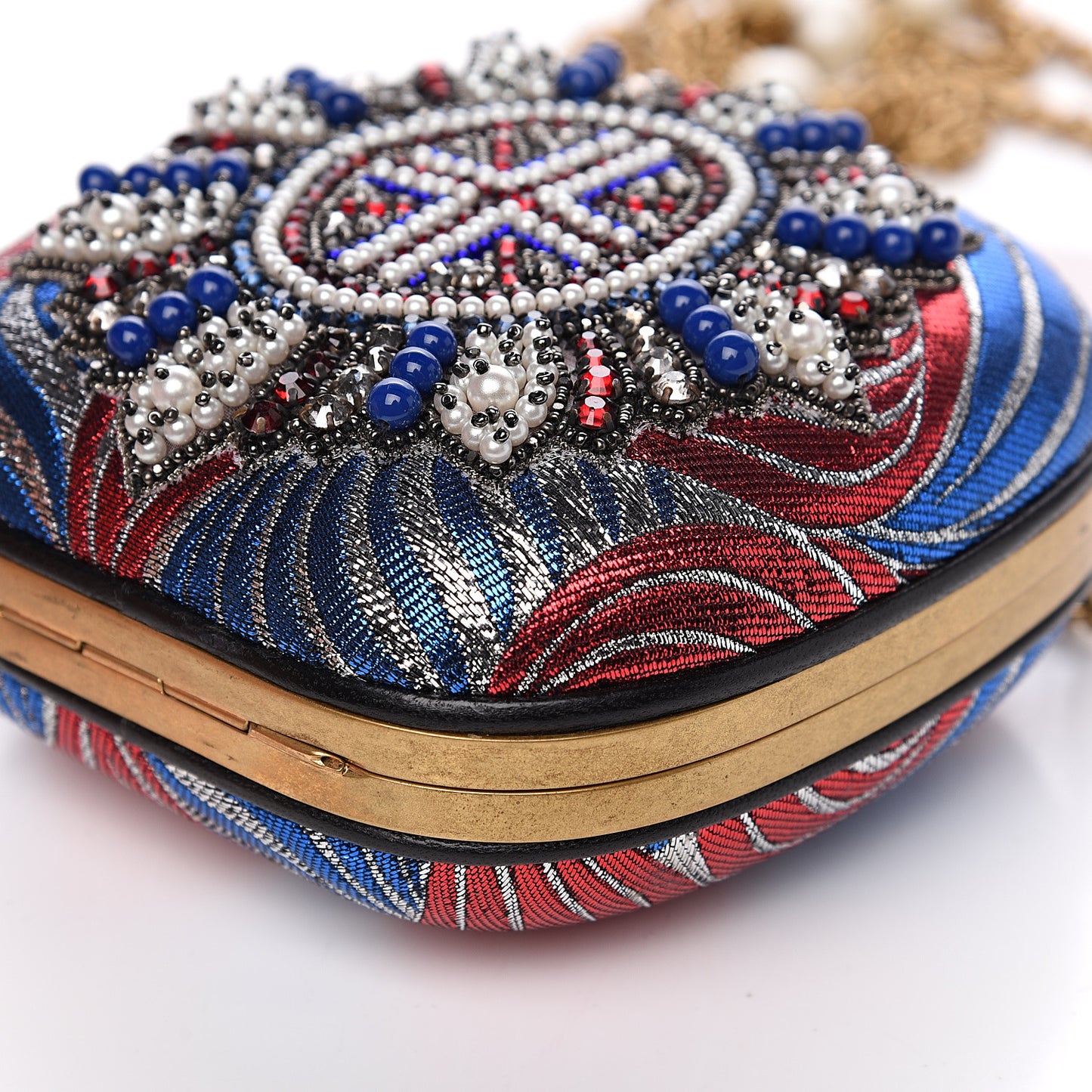 Brocade Pearl Beaded Sandy Flow Chain Clutch Multicolor