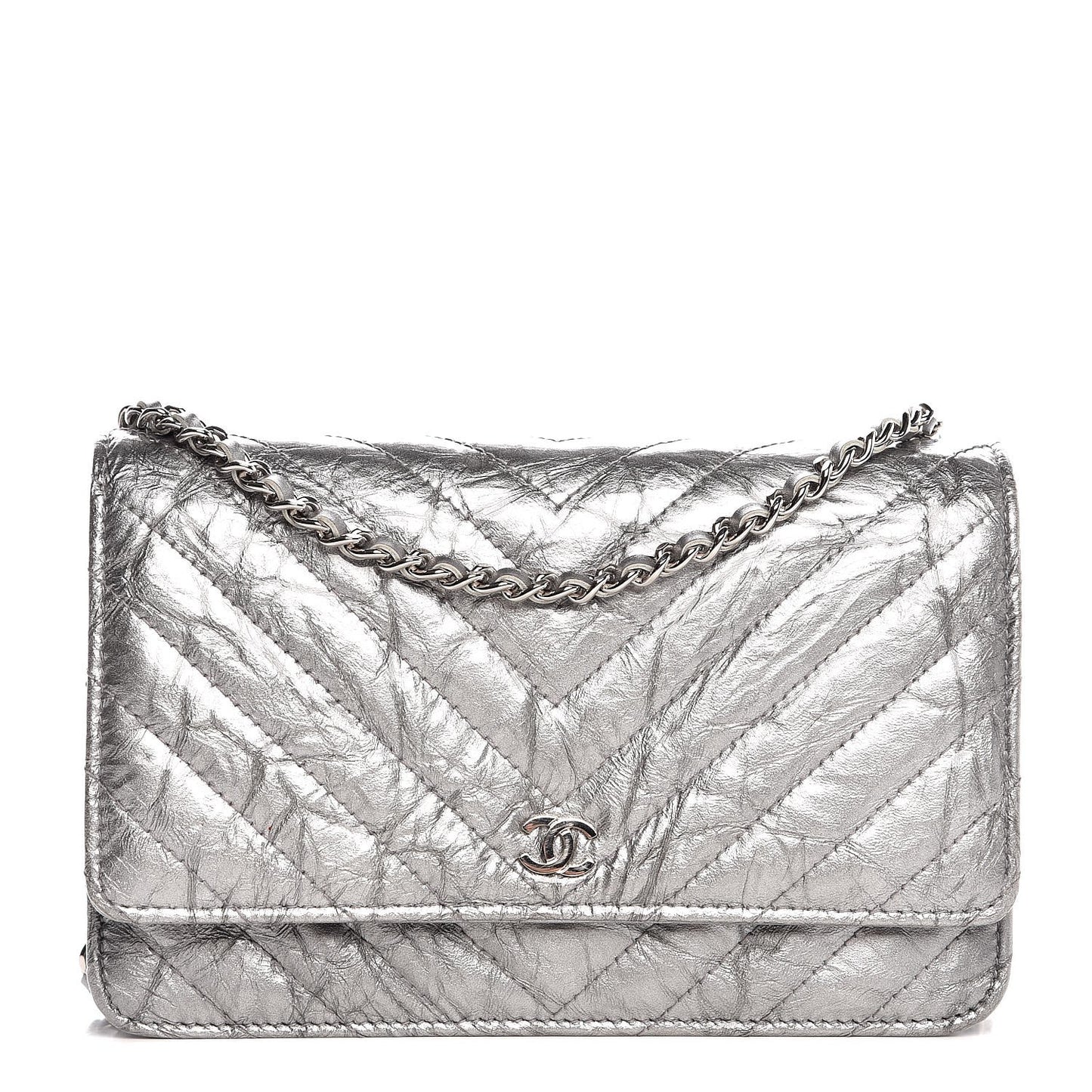 Patent Metallic Crumpled Calfskin Chevron Quilted Wallet On Chain WOC Silver