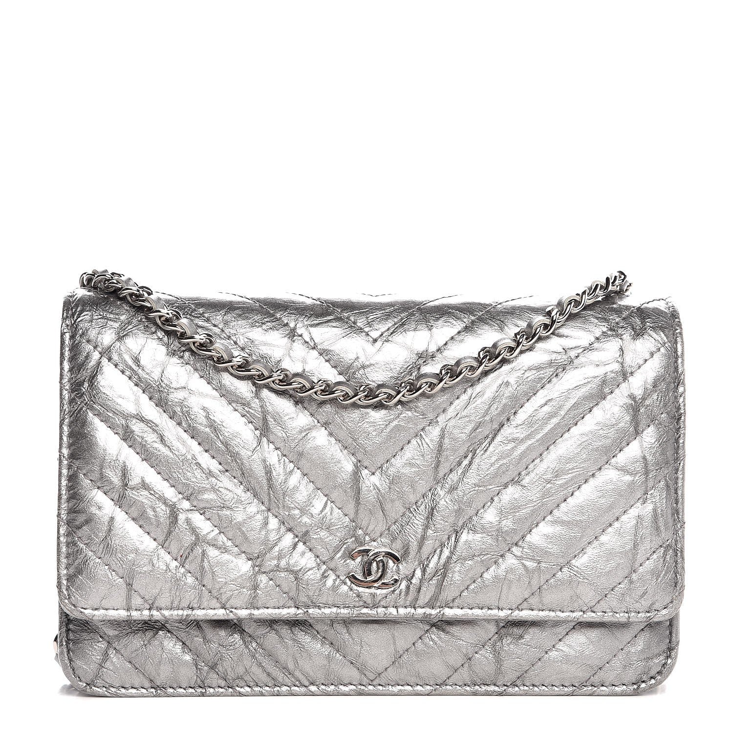 Chanel Patent Metallic Crumpled Calfskin Chevron Quilted Wallet On Chain WOC Silver 1 of 8