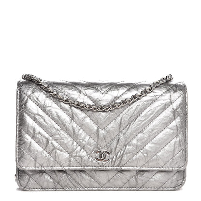 Chanel Patent Metallic Crumpled Calfskin Chevron Quilted Wallet On Chain WOC Silver 1 of 8