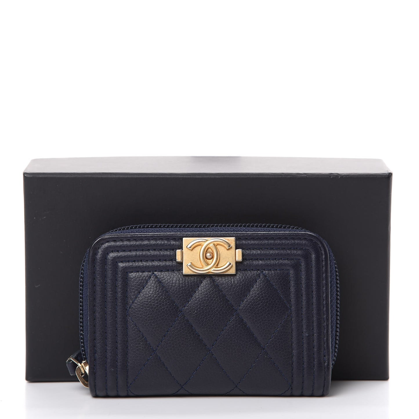 Caviar Quilted Boy Zip Around Coin Purse Wallet Navy