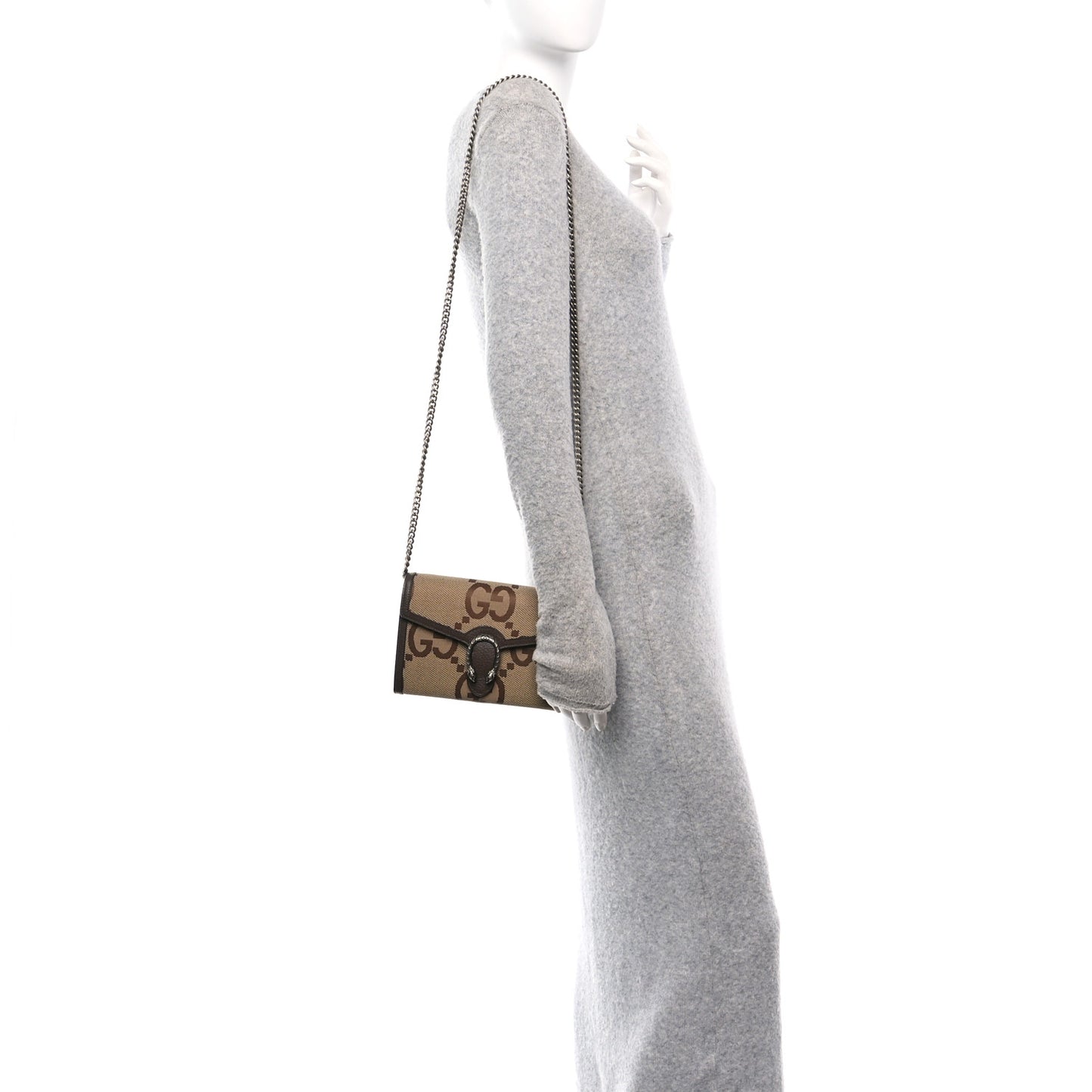 Monogram Jumbo GG Textured Dollar Calfskin Mini Dionysus Chain Wallet Camel Ebony New Acero