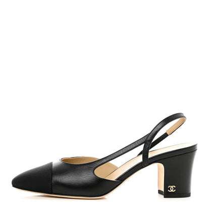 Chanel Goatskin Grosgrain Cap Toe CC Slingback Sandals 39.5 Black 1 of 9