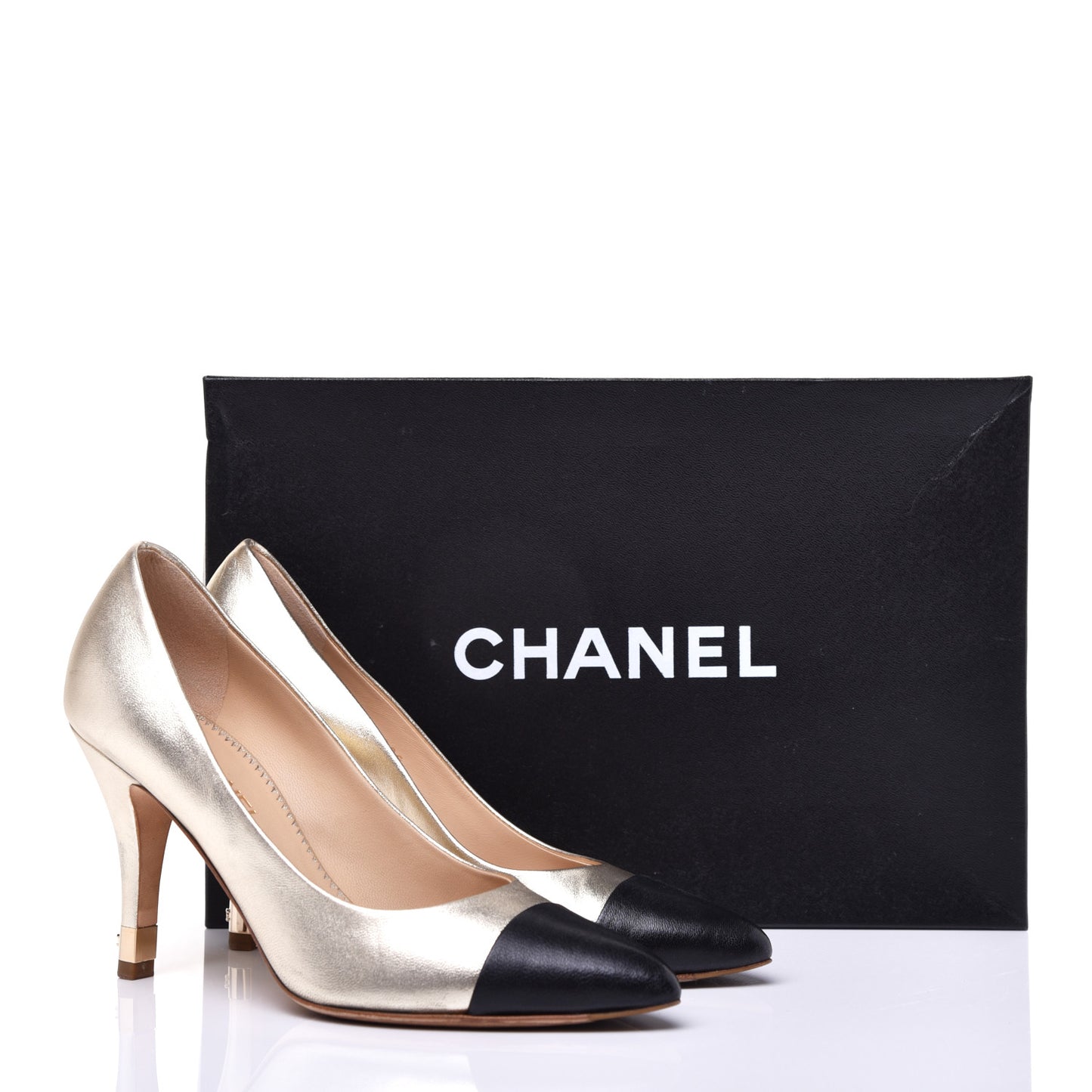 Metallic Lambskin CC Pumps 36 Light Gold Black