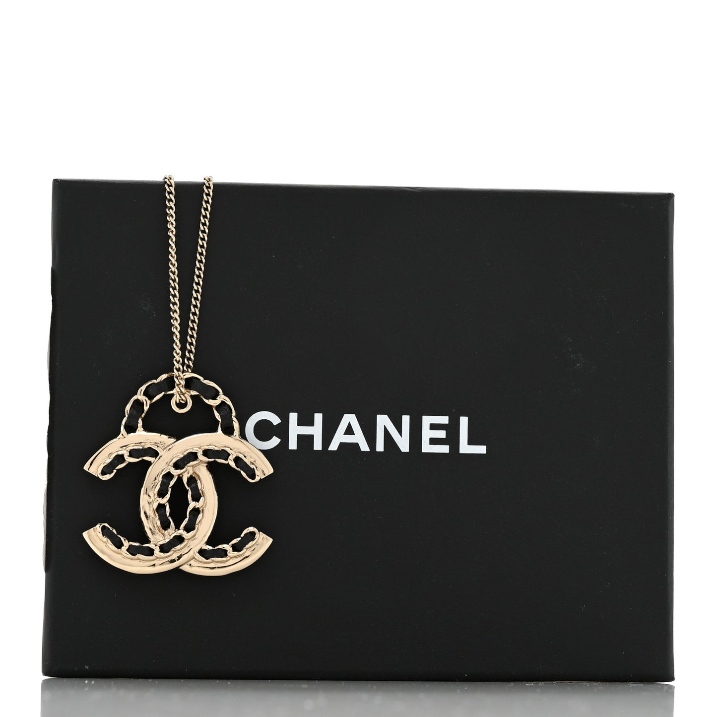 Metal Lambskin CC Pendant Necklace Black Gold