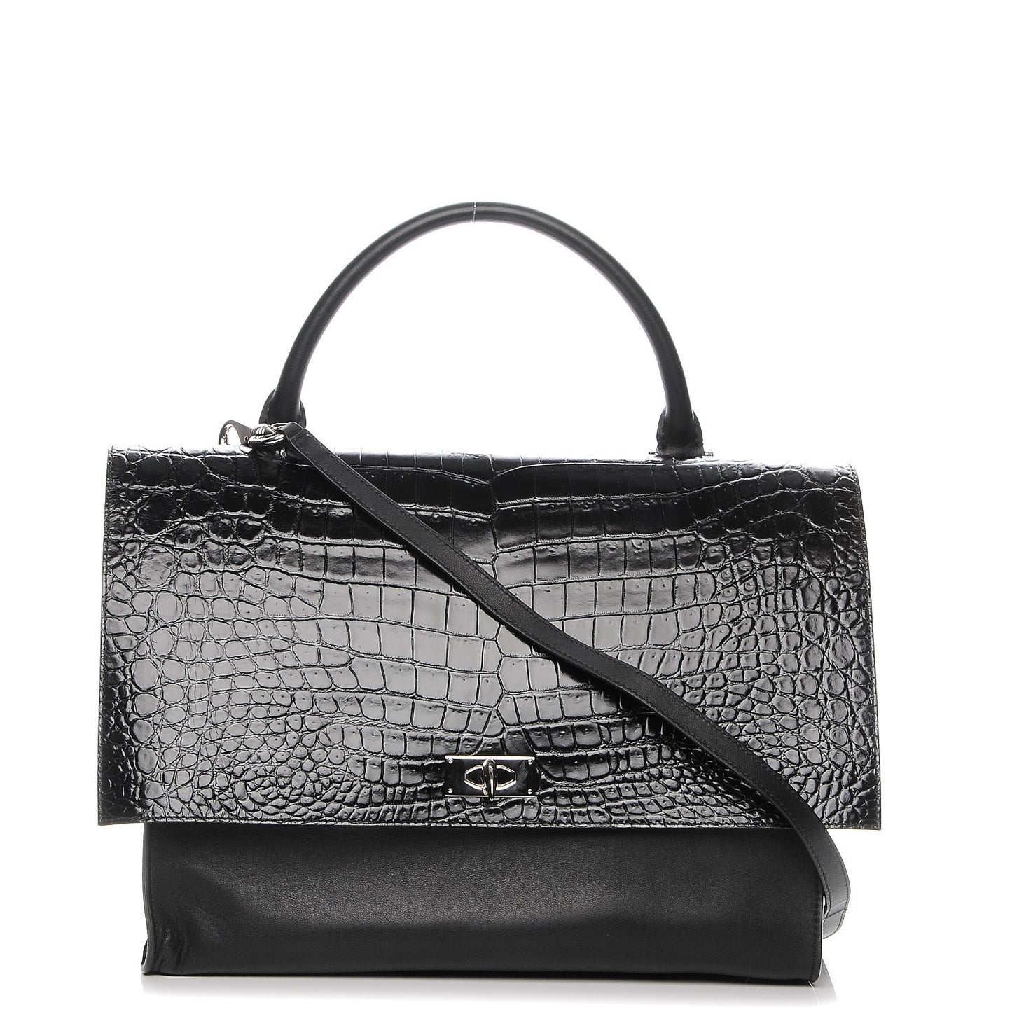 Calfskin Crocodile Embossed Large Shark Lock Satchel Black