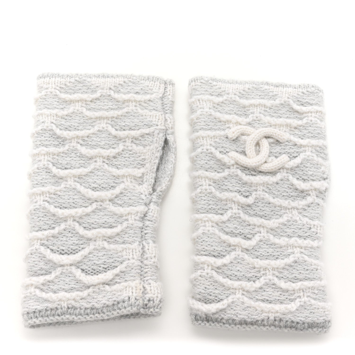 Chanel Metallic Cashmere Viscose CC Fingerless Gloves Grey 1 of 4