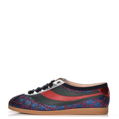 Gucci Lurex Calfskin Web GG Monogram Womens Falacer Sneakers 39 Iridescent Blue Iridescent Red Silver 1 of 8