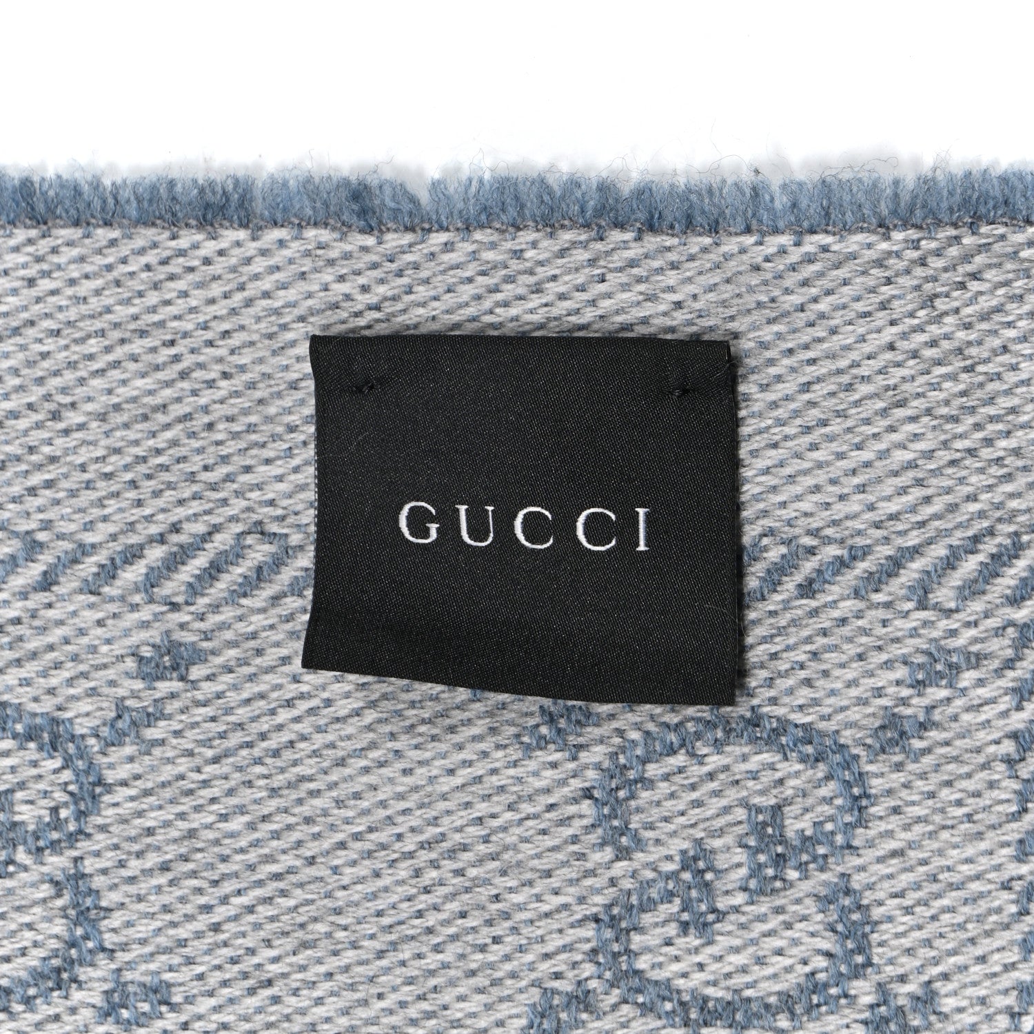 Gucci Wool Jacquard GG Monogram Sten Fringe Scarf Light Blue 3 of 3