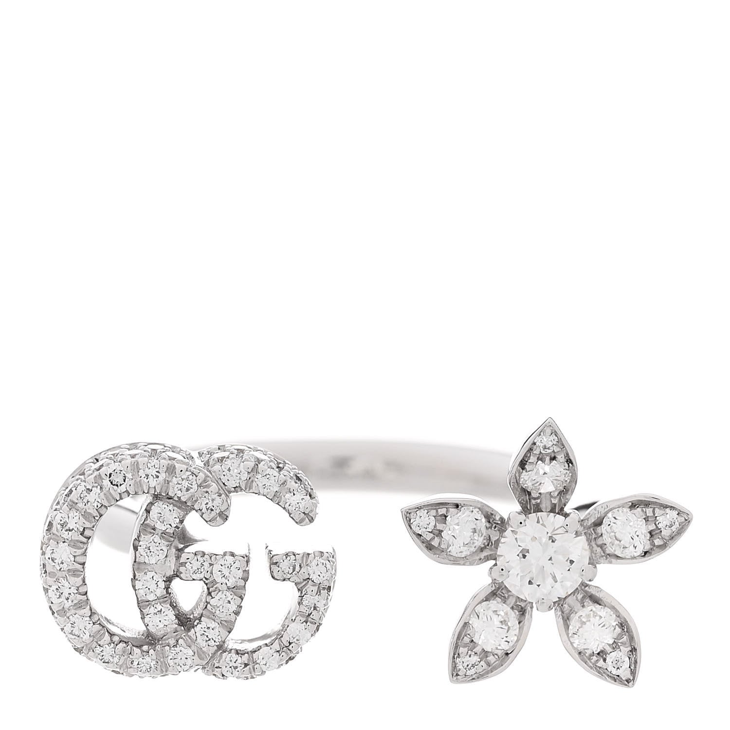 Gucci 18K White Gold Diamond Flora GG Open Ring 51 5.75 1 of 7