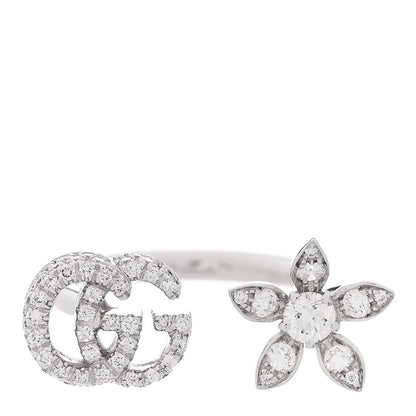 Gucci 18K White Gold Diamond Flora GG Open Ring 51 5.75 1 of 7