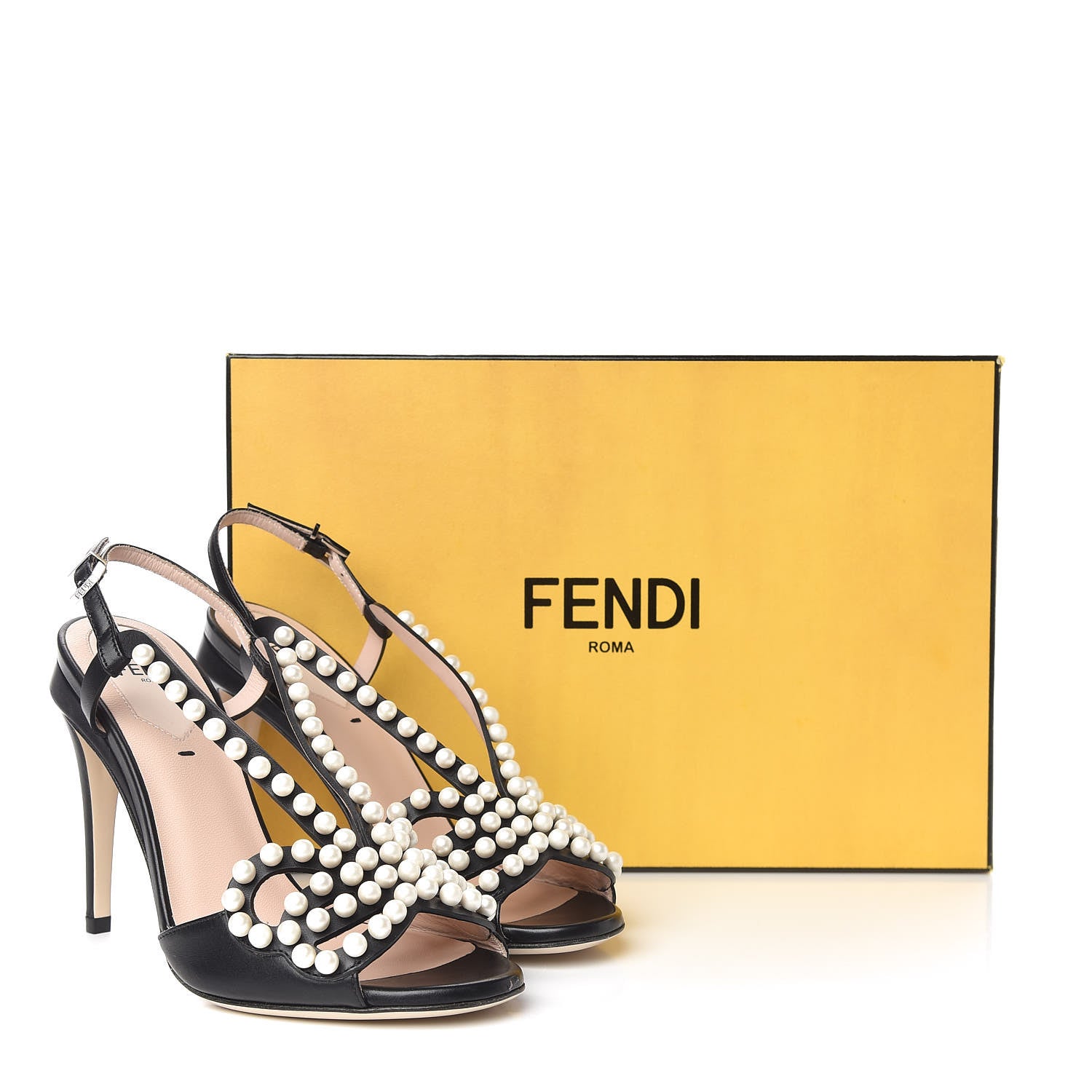 Fendi Calfskin Faux Pearl Embellished Bow Ankle Strap Heel 36 Black 9 of 9