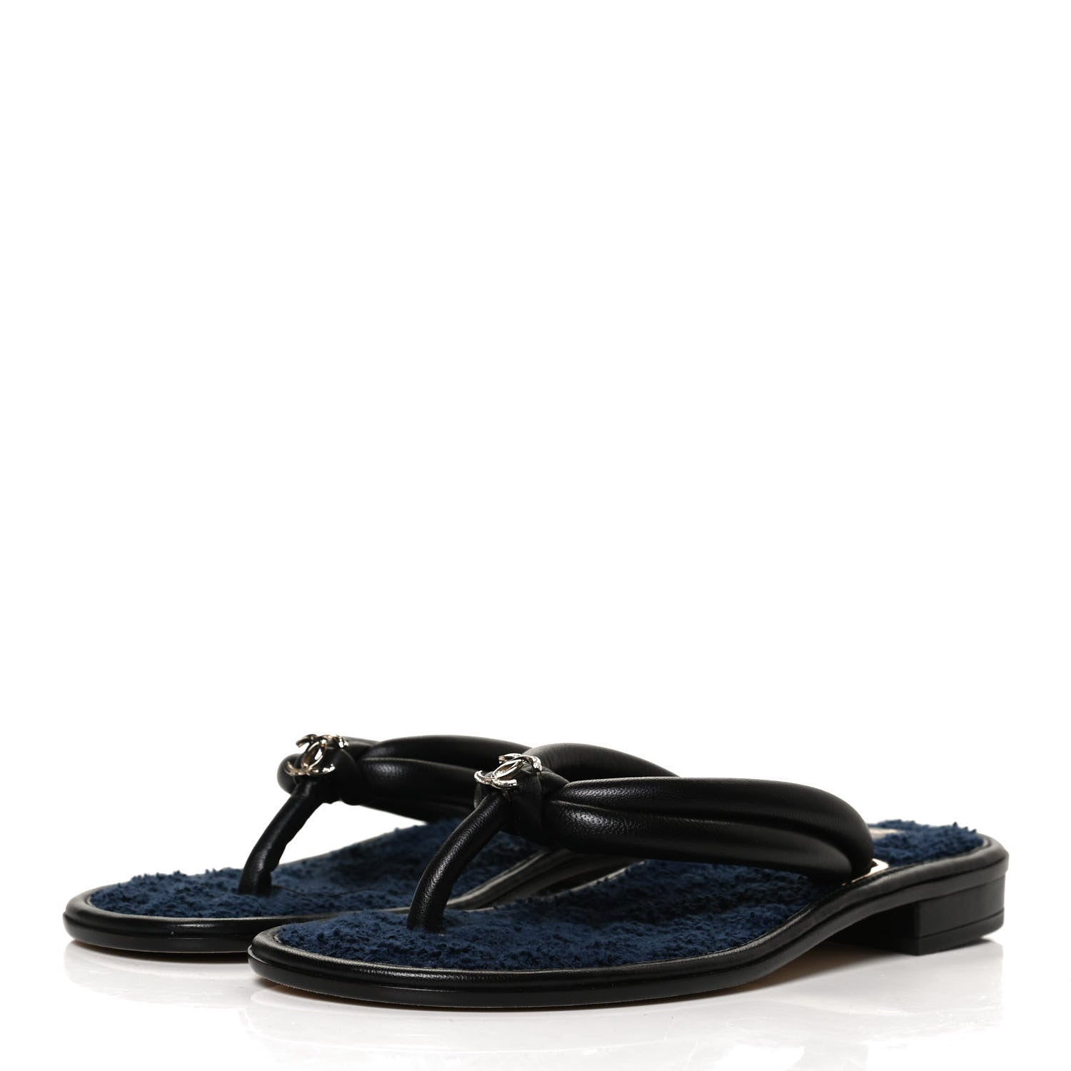 Chanel Lambskin Fabric CC Thong Sandals 36.5 Black Dark Navy 3 of 10
