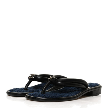 Chanel Lambskin Fabric CC Thong Sandals 36.5 Black Dark Navy 3 of 10
