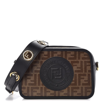 Fendi Glazed Fabric Vitello Century F is Fendi FF 1974 Stamp Patch Camera Case Mogano Panna Black 1 of 7