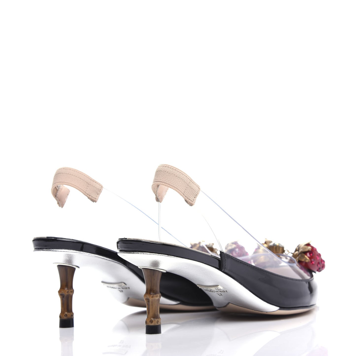 Patent PVC Bamboo Crystal Strawberry Eleonor Low Heel Slingback Pumps 37 Black