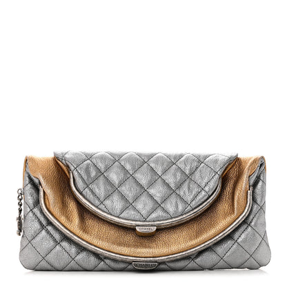 Chanel Metallic Goatskin Quilted Frame Clasp Flap Clutch Silver Gold 1 of 12