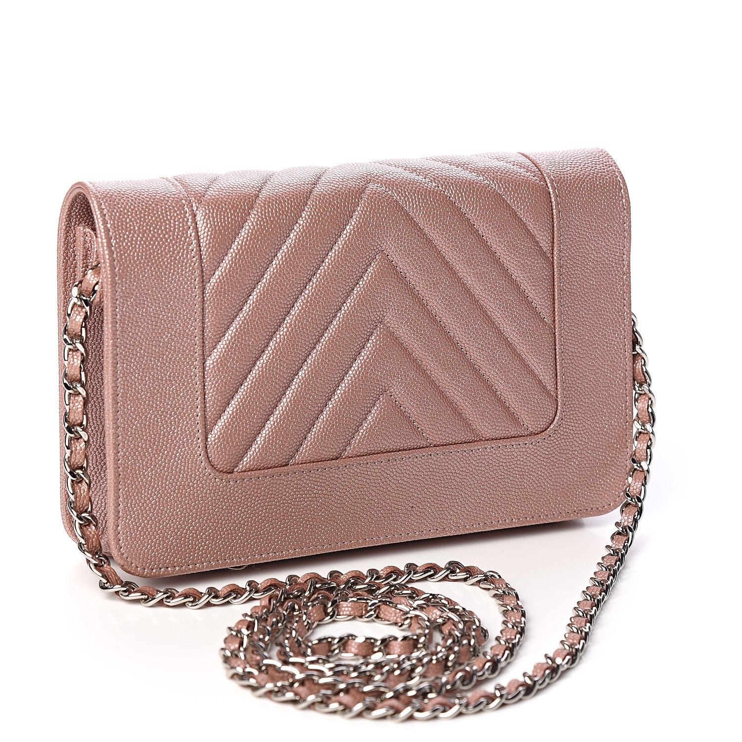 Chanel Metallic Caviar Chevron Quilted Vintage Mademoiselle Wallet On Chain WOC Pink 2 of 11