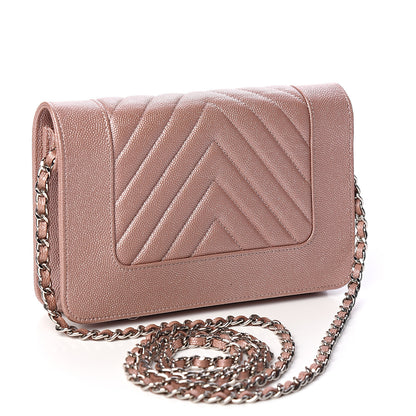 Chanel Metallic Caviar Chevron Quilted Vintage Mademoiselle Wallet On Chain WOC Pink 2 of 11