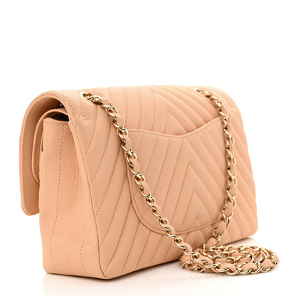 Chanel Caviar Chevron Quilted Medium Double Flap Beige 3 of 15